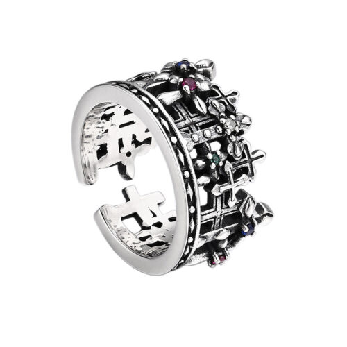 Nhẫn Khắc Chữ Thập Vương Miệng Mở Bạc Thái S925 NHB084