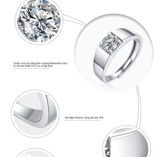 Nhẫn Nam Đính Kim Cương Moissanate 1 Carat Bạc S925 NHB002 Chọn Size