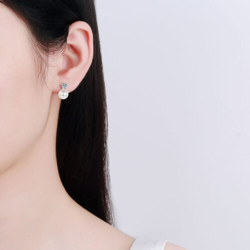 Hoa Tai Ngọc Trai Đính Kim Cương Moissanite Bạc S925 BTN031 30 Điểm