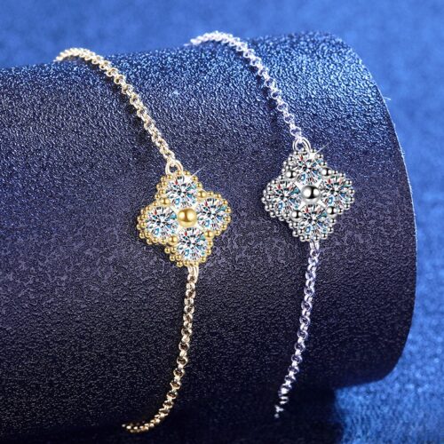 Lắc Tay Cỏ 4 Lá Đính Kim Cương Moissanite Bạc S925 VDN029 Màu Trắng