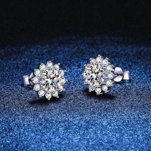 Bông Tai Hoa Hướng Dương Đính Kim Cương Moissanite Bạc S925 BTN040 50 Điểm