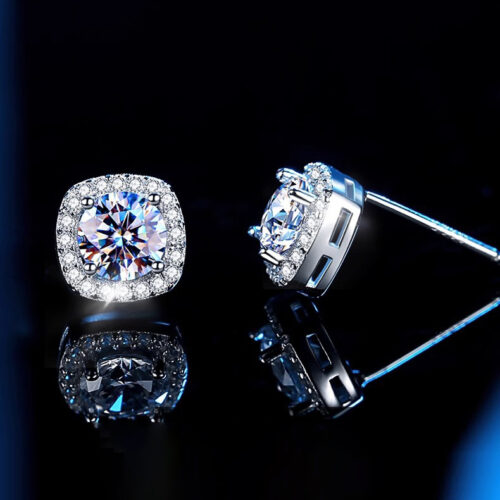 Bông Tai Bạc Nữ S925 Mặt Vuông Đính Kim Cương Moissanite Sáng Lấp Lánh HTT241D Đen