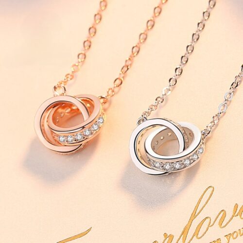 Dây Chuyền Bạc S925 Mẫu Vòng Tròn Đôi Đính Đá Zircon Tinh Xảo HTT037VH Vàng Hồng
