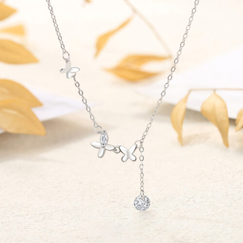 Dây Chuyền Bạc S925 Đính Đá Zircon Thiết Kế Đàn Bướm Dáng Thả Xinh Xắn HTT039