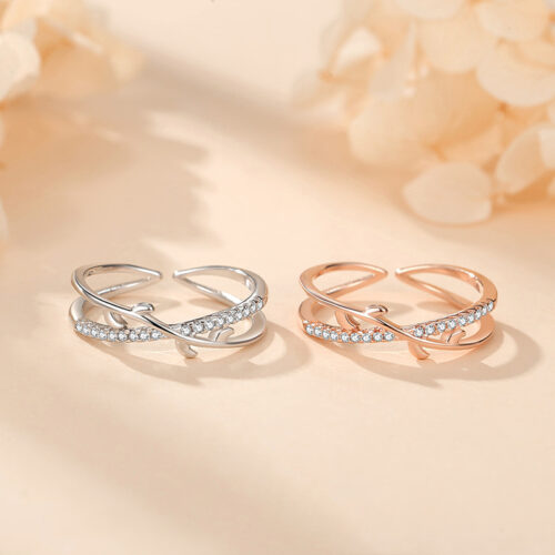 Nhẫn Bạc Nữ S925 Đính Đá Zircon Thiết Kế Cành Lá Đan Chéo Cá Tính HTT040VH Vàng Hồng