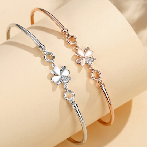 Lắc Tay Bạc S925 Cỏ Bốn Lá May Mắn Đính Đá Zircon Cao Cấp HTT048VH Vàng Hồng