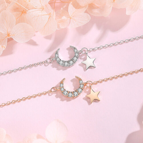 Vòng Tay Bạc S925 Nữ Mẫu Trăng Sao Đính Đá Zircon Thời Thượng HTT035VH Vàng Hồng