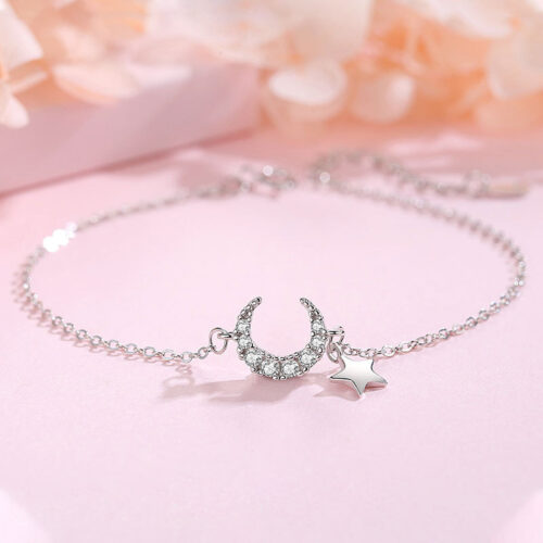 Vòng Tay Bạc S925 Nữ Mẫu Trăng Sao Đính Đá Zircon Thời Thượng HTT035VH Vàng Hồng