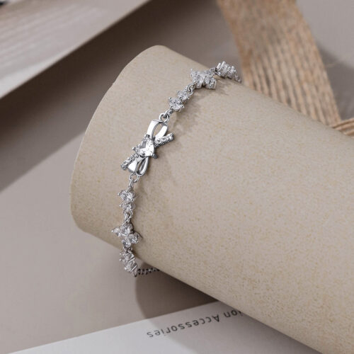 Lắc Tay Bạc S925 Nữ Mặt Nơ Đính Đá Quý Zircon Tinh Xảo HTT006