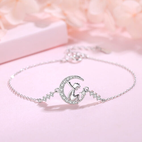 Lắc Tay Bạc S925 Đính Đá Zircon Hoàng Tử Bé Ngắm Trăng HTT041VH1 Vàng Hồng Đá Trắng