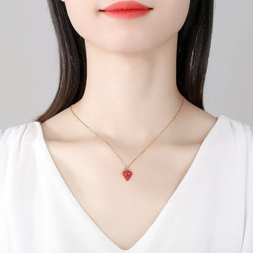 Dây Chuyền Bạc S925 Mẫu Dâu Tây Đính Đá Cá Tính HTT028VH Vàng Hồng