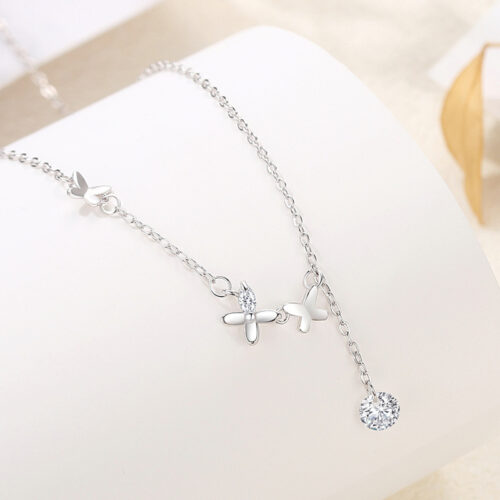 Dây Chuyền Bạc S925 Đính Đá Zircon Thiết Kế Đàn Bướm Dáng Thả Xinh Xắn HTT039