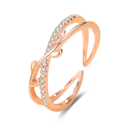 Nhẫn Bạc Nữ S925 Đính Đá Zircon Thiết Kế Cành Lá Đan Chéo Cá Tính HTT040VH Vàng Hồng
