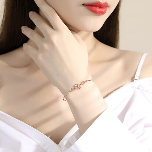 Lắc Tay Bạc S925 Cỏ Bốn Lá May Mắn Đính Đá Zircon Cao Cấp HTT048VH Vàng Hồng