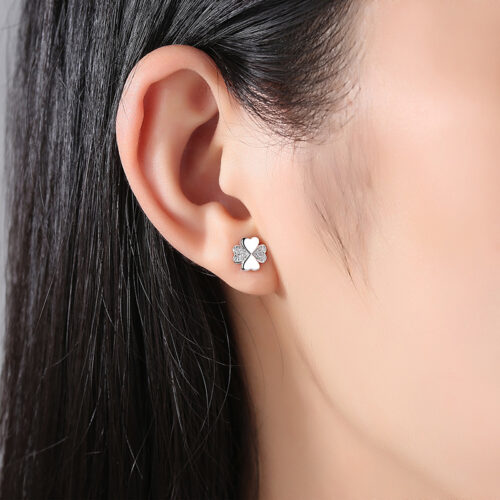 Bông Tai Bạc S925 Mẫu Cỏ Bốn Lá Đính Đá Zircon May Mắn HTT052