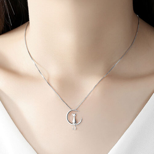 Dây Chuyền Bạc Nữ S925 Mẫu Mèo Ngắm Trăng – Sang Trọng Lãng Mạn HTT053T Trắng