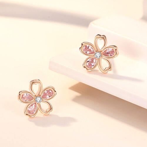 Bông Tai Bạc S925 Mẫu Hoa Anh Đào Tinh Xảo Đính Đá Zircon HTT004