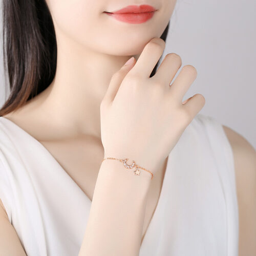 Vòng Tay Bạc S925 Nữ Mẫu Trăng Sao Đính Đá Zircon Thời Thượng HTT035VH Vàng Hồng