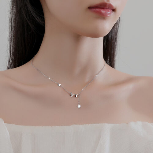 Dây Chuyền Bạc S925 Đính Đá Zircon Thiết Kế Đàn Bướm Dáng Thả Xinh Xắn HTT039