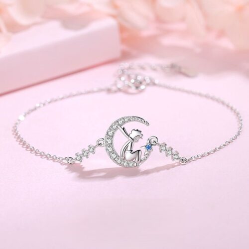 Lắc Tay Bạc S925 Đính Đá Zircon Hoàng Tử Bé Ngắm Trăng HTT041VH1 Vàng Hồng Đá Trắng