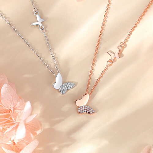 Dây Chuyền Bạc Nữ S925 Hồ Điệp – Đính Đá Zircon Cao Cấp Thiết Kế Trẻ Trung HTT065T Trắng