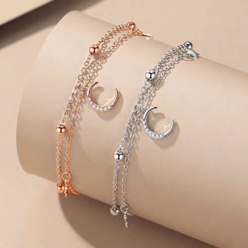 Vòng Tay Bạc Nữ S925 Thiết Kế Trăng Sao Đính Đá Cá Tính Hiện Đại HTT057T Trắng