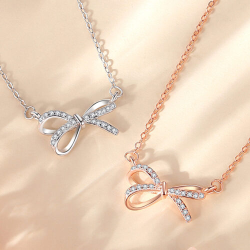 Dây Chuyền Bạc Nữ S925 Hình Nơ Đính Đá Zircon Thanh Lịch Trẻ Trung HTT054VH Vàng Hồng