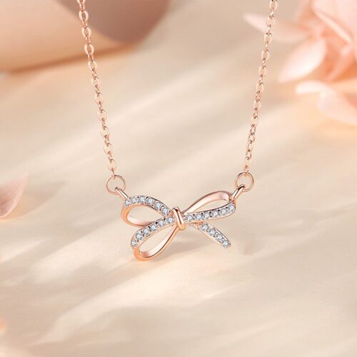 Dây Chuyền Bạc Nữ S925 Hình Nơ Đính Đá Zircon Thanh Lịch Trẻ Trung HTT054VH Vàng Hồng