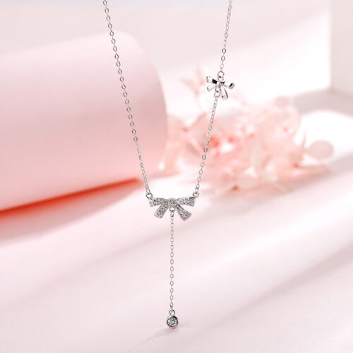 Dây Chuyền Mặt Nơ Bạc S925 – Đính Đá Quý Sáng Lấp Lánh HTT214T Trắng