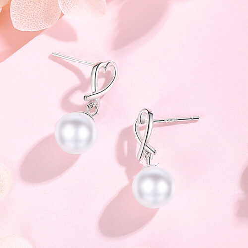 Bông Tai Bạc Nữ S925 Trái Tim Đính Ngọc Trai Sang Trọng Quý Phái HTT055VH Vàng Hồng