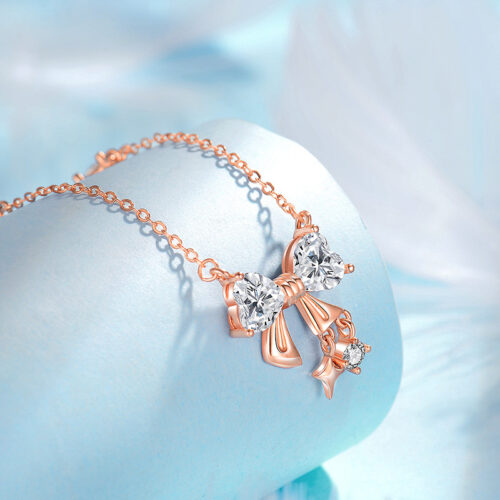 Dây Chuyền Bạc S925 Hình Nơ – Đính Đá Zircon Cao Cấp Phong Cách Hiện Đại HTT193VH Vàng Hồng