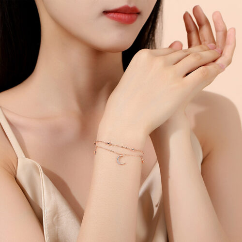 Vòng Tay Bạc Nữ S925 Thiết Kế Trăng Sao Đính Đá Cá Tính Hiện Đại HTT057T Trắng