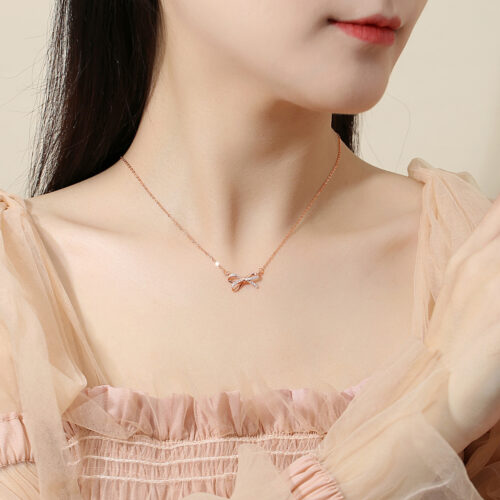 Dây Chuyền Bạc Nữ S925 Hình Nơ Đính Đá Zircon Thanh Lịch Trẻ Trung HTT054VH Vàng Hồng