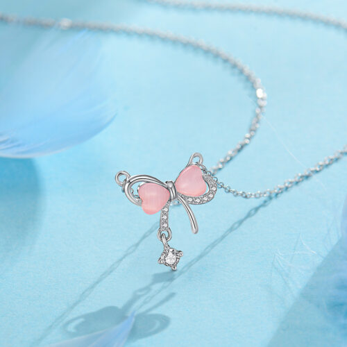 Dây Chuyền Bạc S925 Hình Nơ – Thiết Kế Đính Đá Tinh Xảo Phong Cách Hiện Đại HTT187HT Trắng Đá Hồng