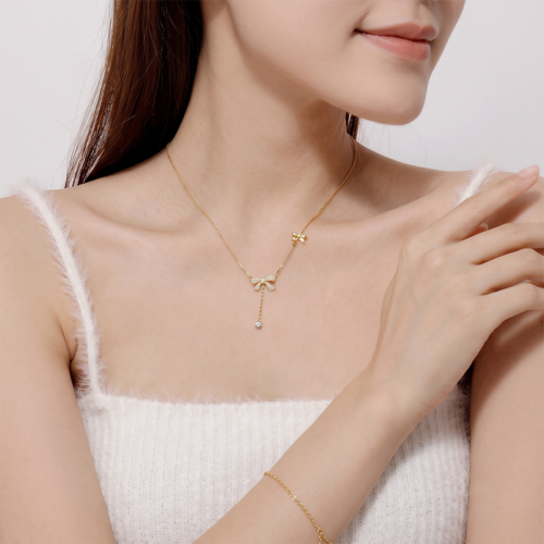 Dây Chuyền Mặt Nơ Bạc S925 – Đính Đá Quý Sáng Lấp Lánh HTT214T Trắng