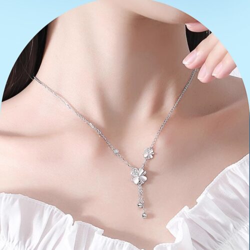 Dây Chuyền Bạc S925 Cỏ Bốn Lá May Mắn Đính Đá Zicon Tinh Tế HTT184VH Vàng Hồng