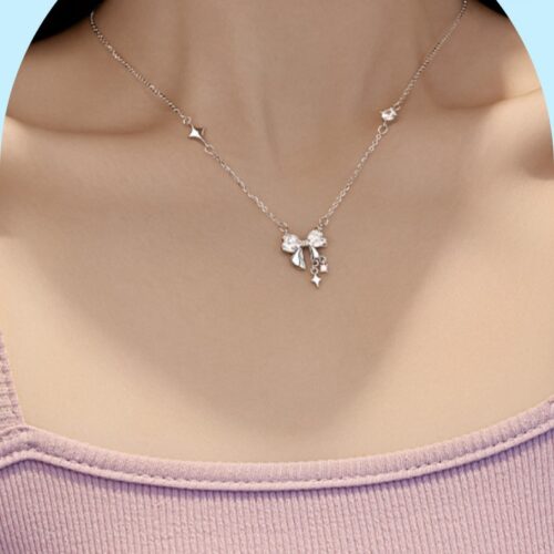 Dây Chuyền Bạc S925 Hình Nơ – Đính Đá Zircon Cao Cấp Phong Cách Hiện Đại HTT193VH Vàng Hồng