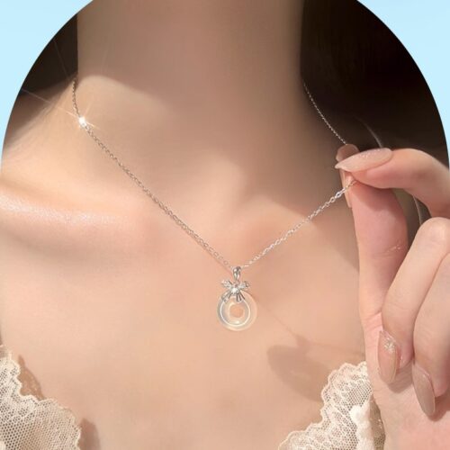 Dây Chuyền Mặt Nơ Bạc S925 – Đính Mã Não Sang Trọng Trẻ Trung HTT201T Trắng