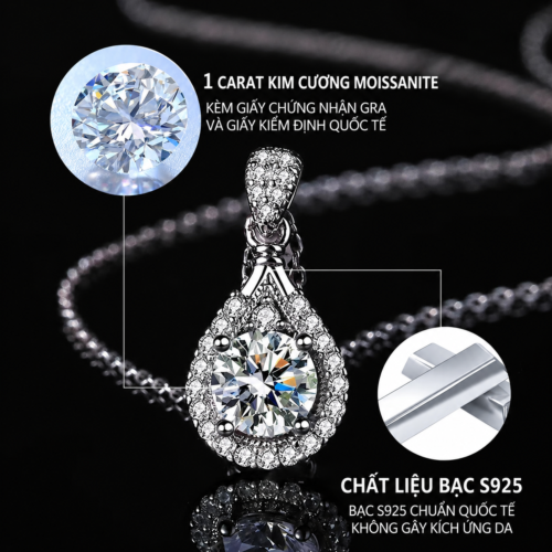 Dây Chuyền Bạc S925 Nữ Đính Kim Cương Moissanite 1 Carat Đa Sắc Màu Sang Trọng HTT240D Đen