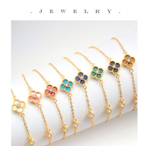 Lắc Tay Bạc Nữ S925 Cỏ Bốn Lá May Mắn – Đa Màu Hợp Mệnh HTT079DT Trắng Đính Đá Đen