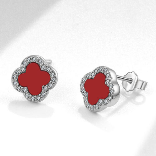 Bông Tai Bạc Nữ S925 Đính Đá Mẫu Cỏ Bốn Lá Nhiều Màu Hợp Mệnh HTT101NT Trắng Phối Xanh Ngọc