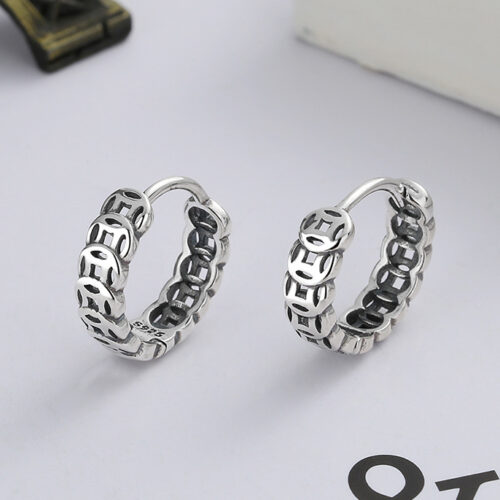 KhuyênTai Bạc S925 Khắc Đồng Xu Cổ Điển Cá Tính HTT357