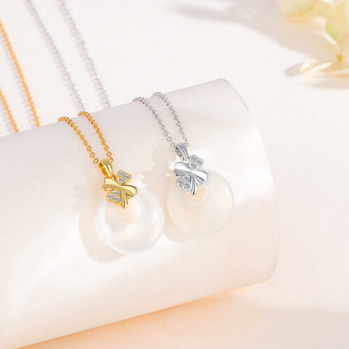 Dây Chuyền Mặt Ngọc Cỏ Bốn Lá Bạc S925 Đính Đá HTT413T Trắng