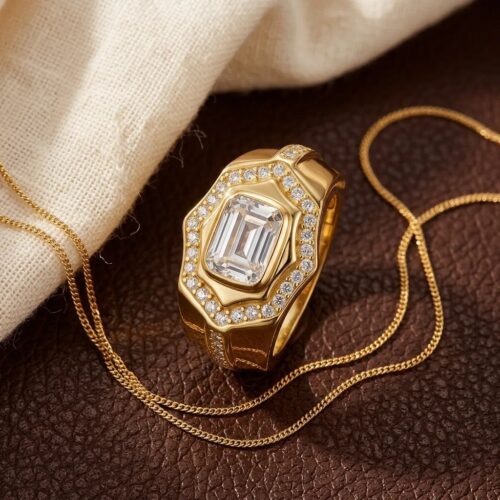 Nhẫn Kim Cương Moissanite Nam Bạc S925 HTT436V Vàng
