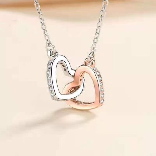 Dây Chuyền Trái Tim Đôi Bạc S925 Đính Đá Zircon HTT441 Vàng
