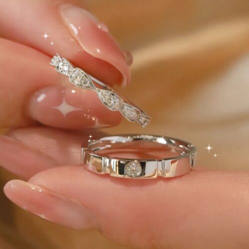 Nhẫn Đôi Đính Kim Cương Moissanite Bạc S925 Sang Trọng HTT280 HTT281
