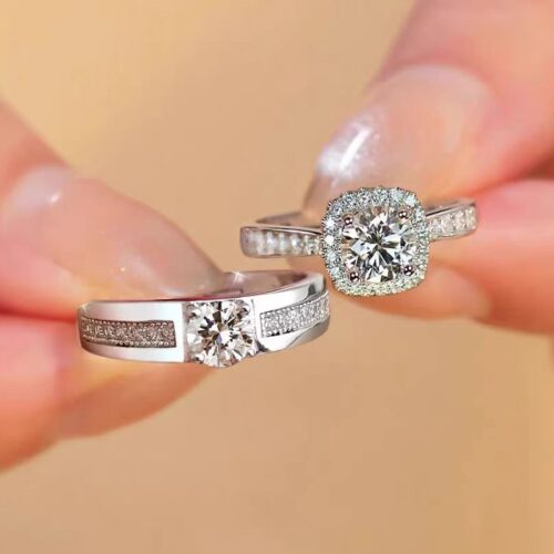 Nhẫn Đôi Đính Kim Cương Moissanite Bạc S925 Cao Cấp HTT292 HTT293