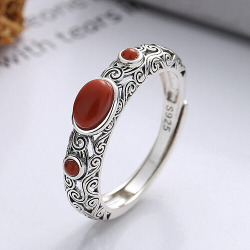 Nhẫn Bạc Nữ S925 Đính Đá Đỏ Phong Cách Vintage Cổ Điển HTT344