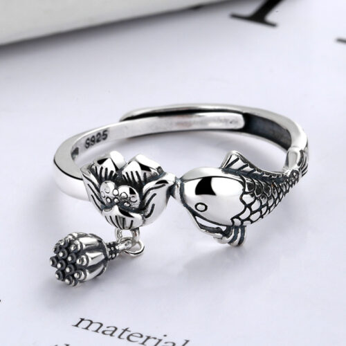 Nhẫn Bạc Nữ S925 Khắc Hình Cá Chép Hoa Sen Cổ Điển HTT352