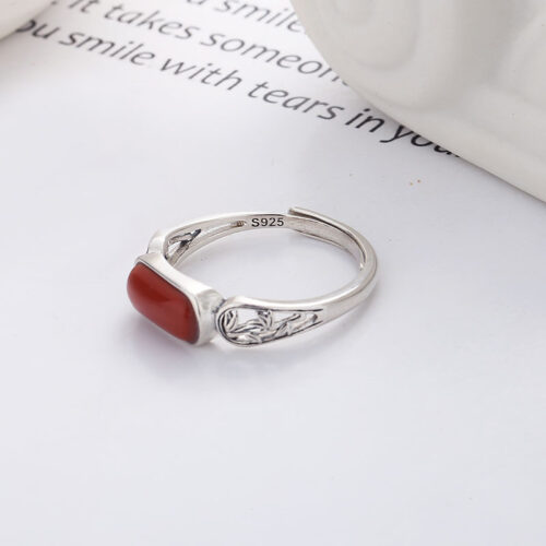 Nhẫn Bạc Nữ S925 Đính Đá Đỏ Phong Cách Vintage Cổ Điển HTT358